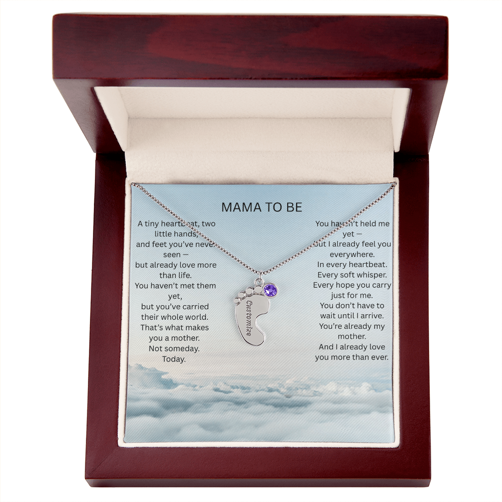 Mom To Be - Engraved baby foot necklace with birthstone