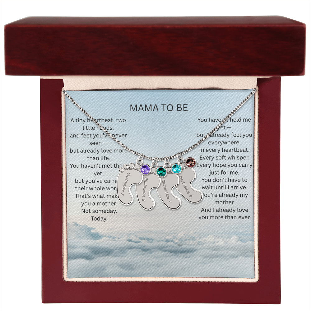 Mom To Be - Engraved baby foot necklace with birthstone
