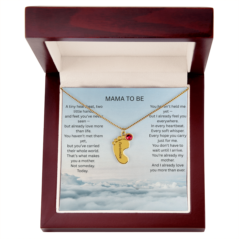 Mom To Be - Engraved baby foot necklace with birthstone