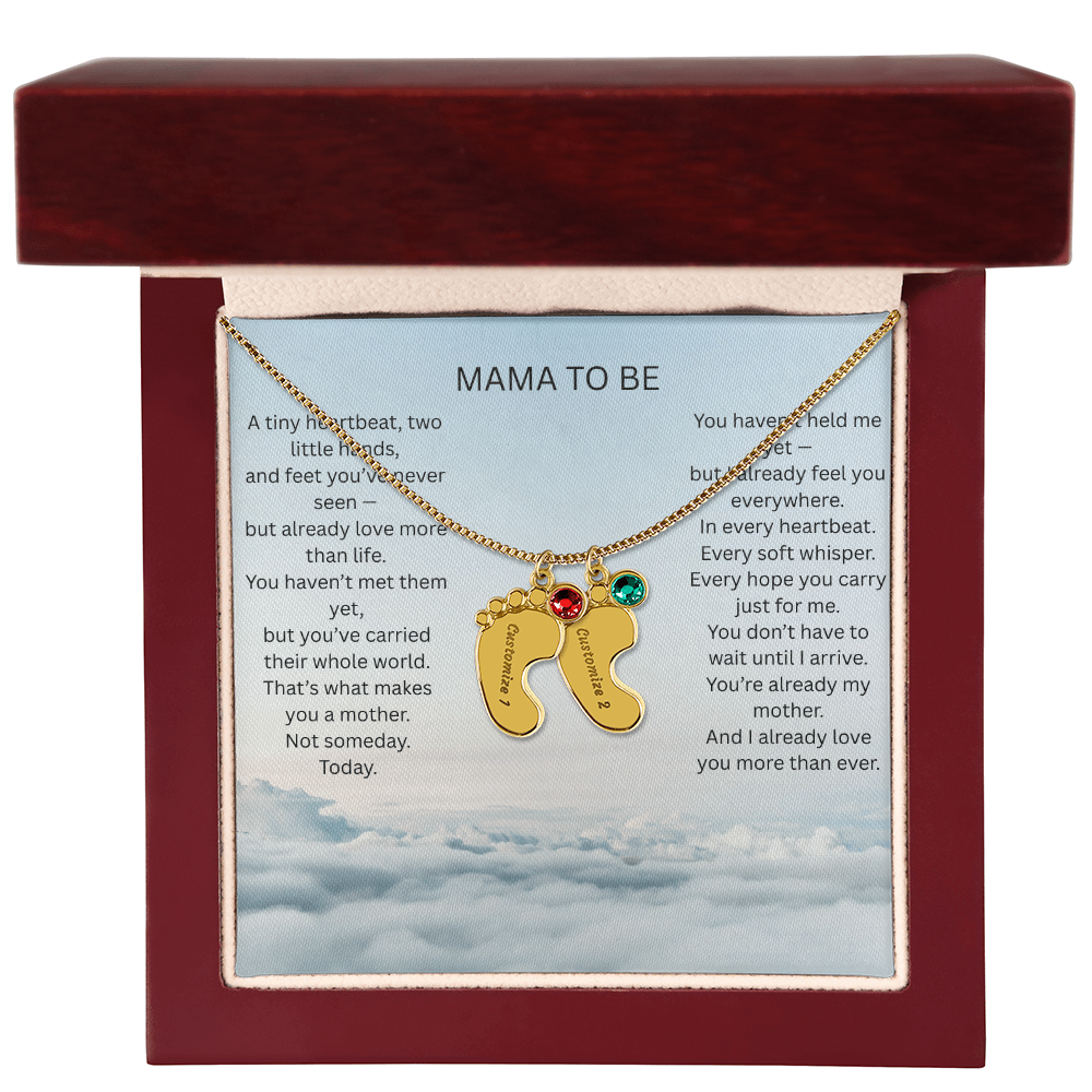 Mom To Be - Engraved baby foot necklace with birthstone