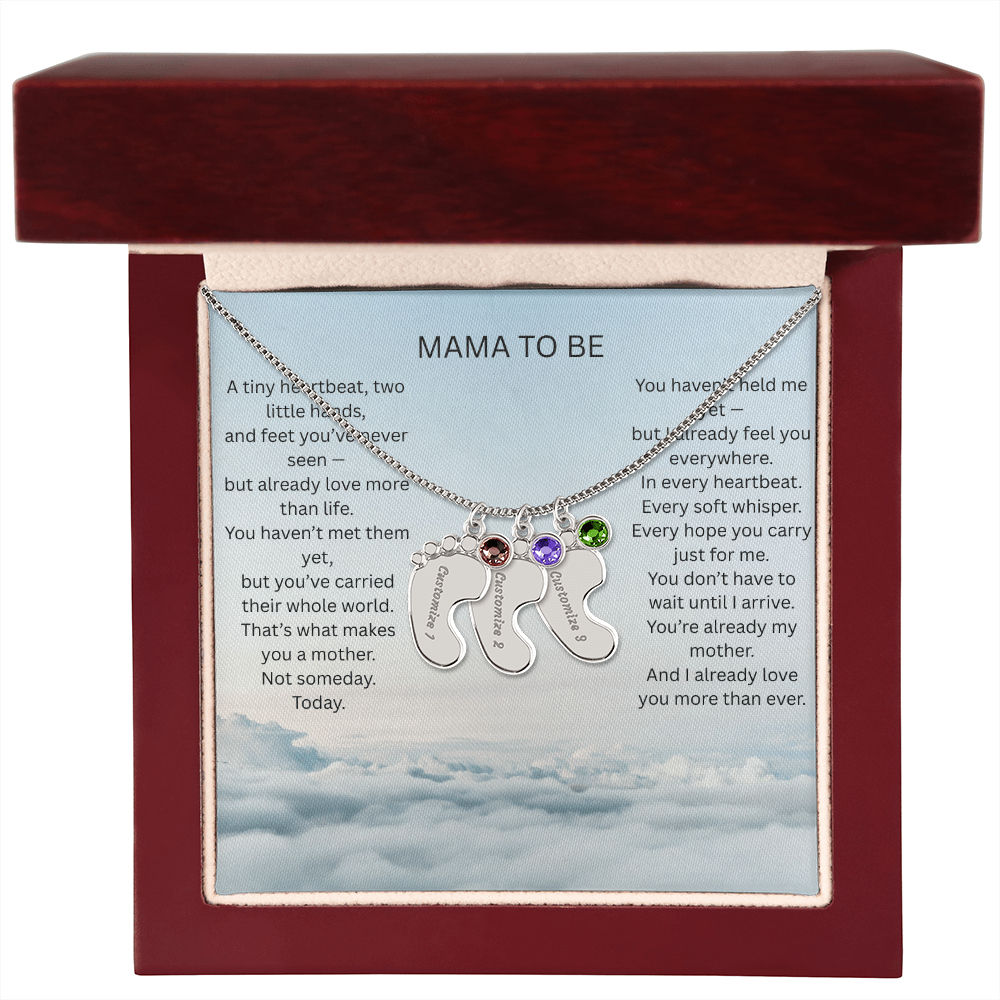Mom To Be - Engraved baby foot necklace with birthstone