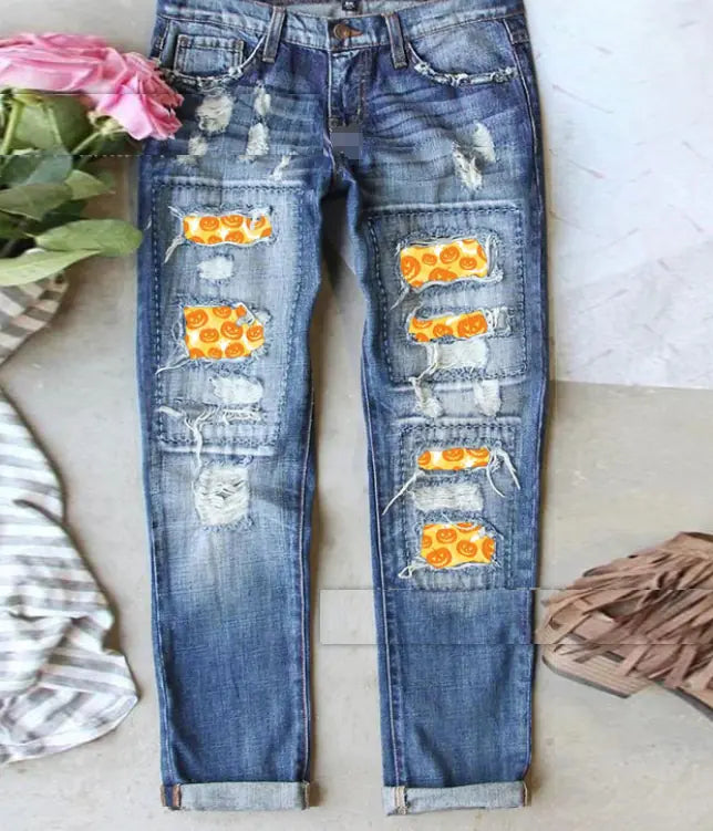 Cartoon Turkey Graphic Mid-Waist Ripped Jeans