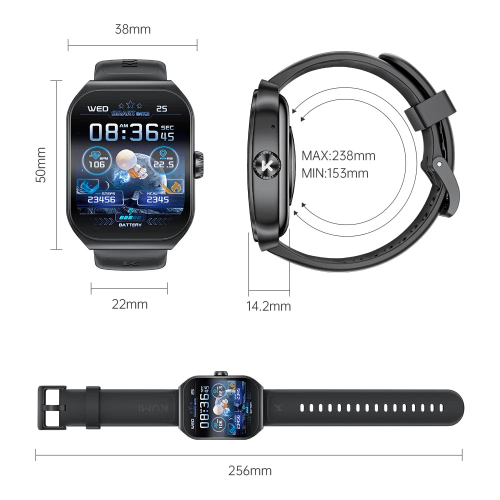 KUMI KU7 Smartwatches 1.96" Amoled 100+Sport Modes NFC IP68 Waterproof  Bluetooth Call Health Sleep Monitoring sos for man woman