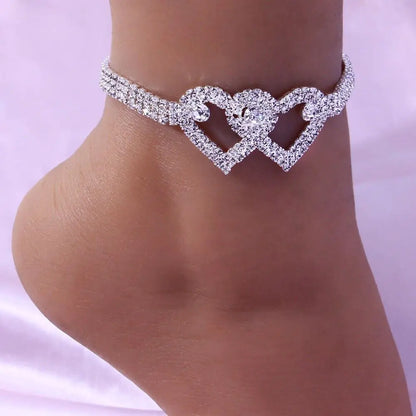 Double Heart Anklet Bracelet Love Barefoot Chain Bling Crystal Ankle Bracelet US