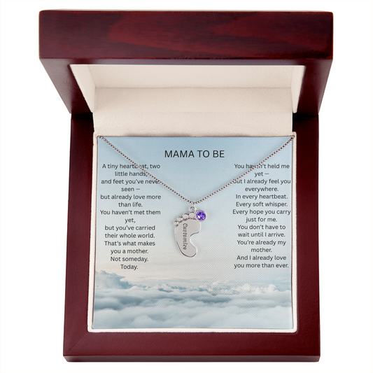 Mom To Be - Engraved baby foot necklace with birthstone