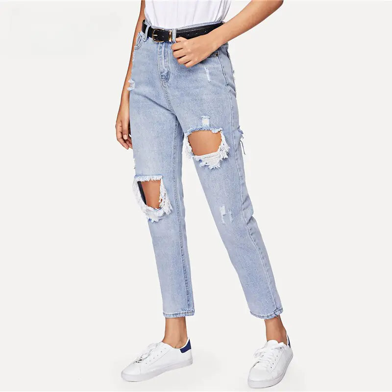 Cut Out Ripped Jeans For Women Blue Denim Trousers