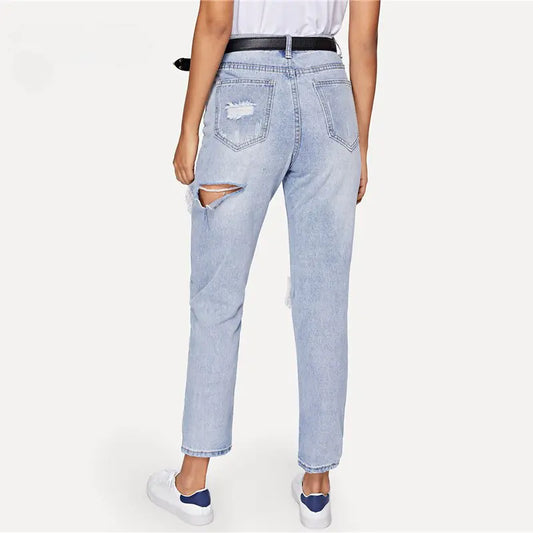 Cut Out Ripped Jeans For Women Blue Denim Trousers